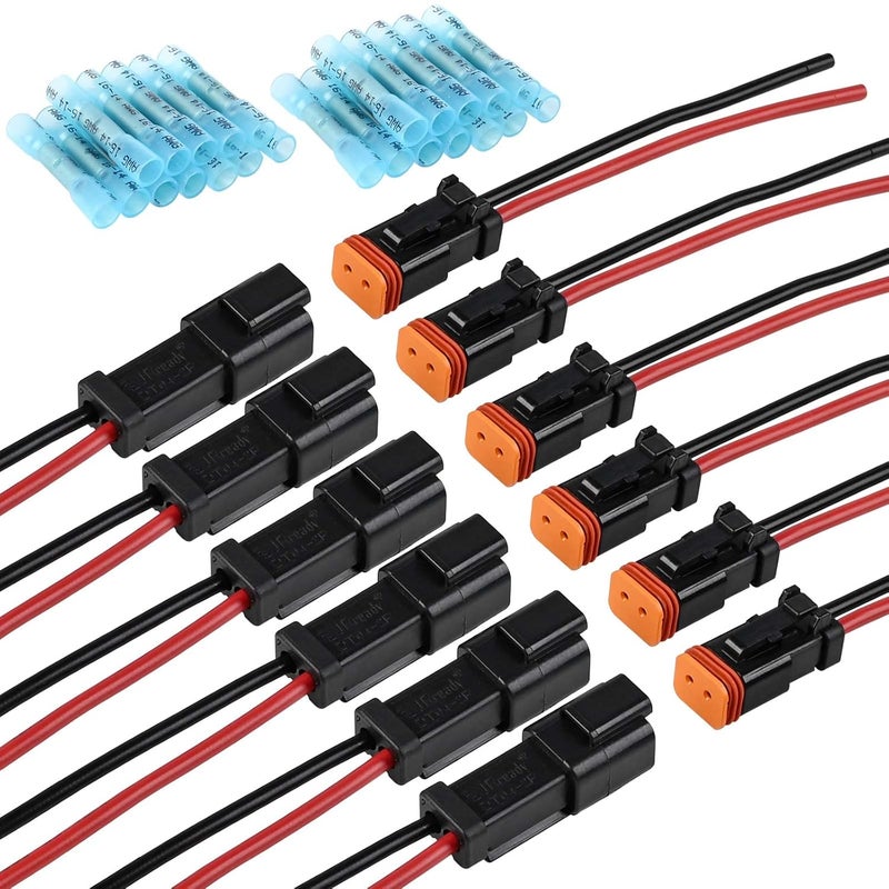 JRready طقم موصلات دويتش 2 دبوس - سلكين DT Pigtail أسود - 6 مجموعات موصلات ST9020 مقاومة للماء IP67 مع 24 قطعة موصلات طرفية، سلك سميك 14AWG (UL1015) - Image 1
